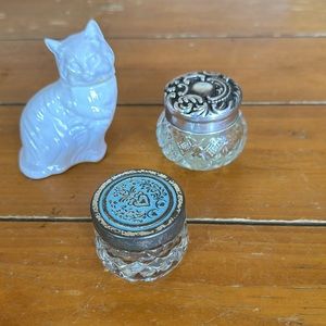 Bundle of 3 vintage Avon perfume & solid perfume glass/ceramic jars, cat